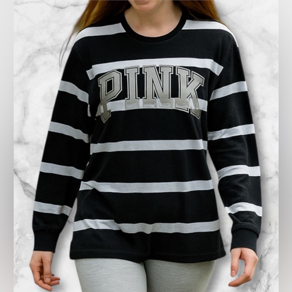 PINK Victoria’s Secret Striped Black Gray White Logo Long Sleeve Top Size S - Picture 2 of 8